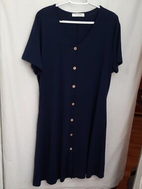 Navy Button-Front V-Neck Dress - Manydress - Size XXL